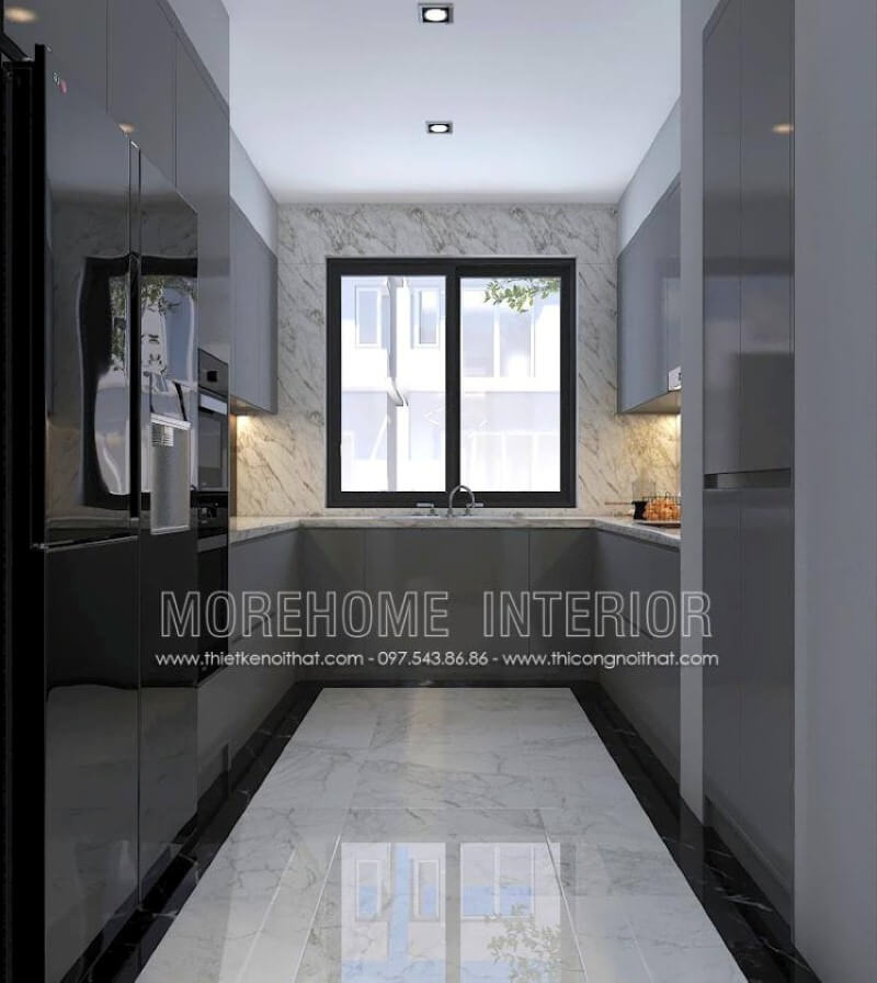 Trang trí nội thất phòng bếp không được lớn, việc sử dụng máy hút mùi có thể giúp lọc sạch không khí tuy nhiên việc bố trí cửa sổ lớn vừa giúp không khí lưu thông lại mang lại nguồn sinh khí có thể là điểm đáng chú ý. Thiết kế nội thất