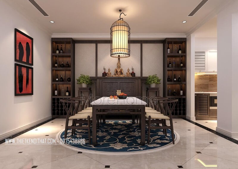Phòng ăn được bố trí hợp lí ngay khi vực sinh hoạt chung của gia chủ, đảm bảo thuận tiện hơn trong quá trình dùng bữa cũng như là tiếp đãi khách tới chơi nhà những bữa ăn ngon miệng Thiết kế nội thất
