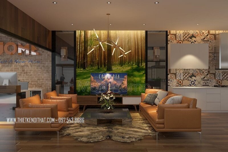 Trang trí khu vực tiếp khách hàng đẹp với sự xuất hiện của bộ sofa bọc da cao cấp kết hợp với bức tranh dán tường màu sắc tạo điểm nhấn nổi bật cho không gian căn phòng thiết kế chung cư hiện đại