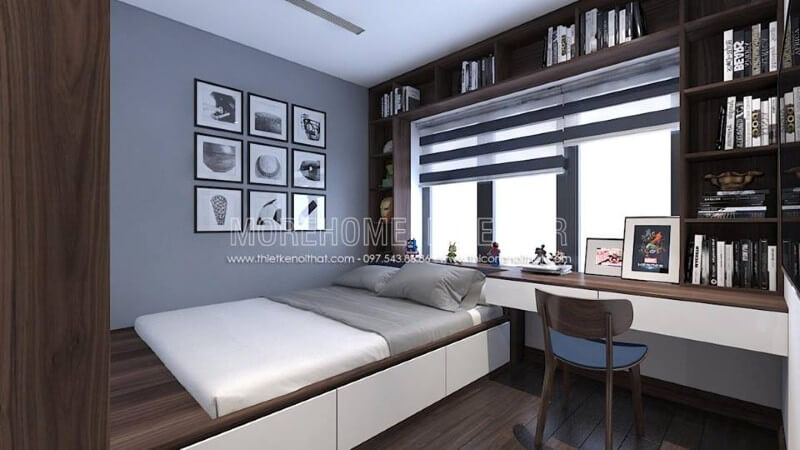 Kệ trang trí liền bàn học độc đáo với ý tưởng tạo các ngăn lưu trữ tận dụng tối đa diện tích nhưng vẫn đảm thông thoáng cho phòng con. thiết kế chung cư hiện đại