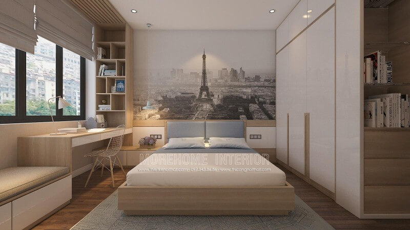 Sắp xếp nội thất phòng ngủ hiện đại, đẹp sang trọng với tranh dán tường địa danh nổi tiếng cùng nội thất gỗ công nghiệp An Cường cao cấp. thiết kế chung cư hiện đại