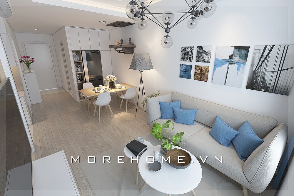Tone màu sáng cùng cách phối đồ decor độc đáo tạo nên vẻ đẹp trẻ trung, năng động cho phòng khách căn hộ chung cư. Thiết kế nội thất