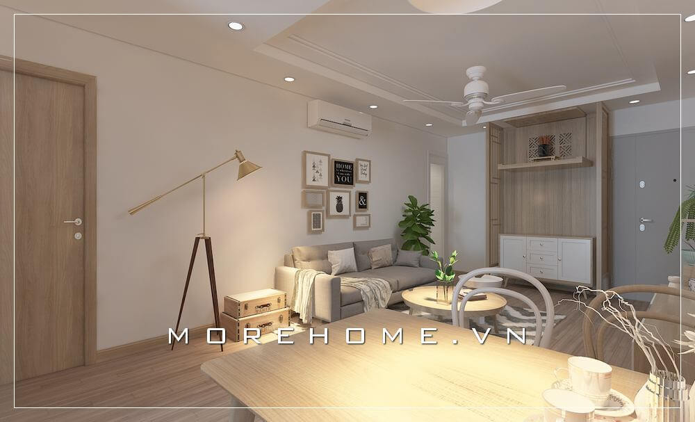 Thiết kế nội thất phòng khách chung cư nhỏ đẹp có bàn thờ treo tường. Thiết kế nội thất