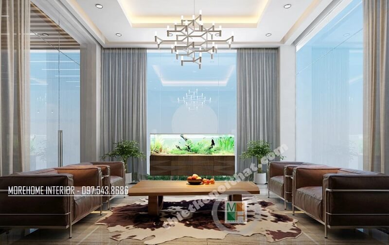 Trang trí nội thất phòng khách công ty VCC hiện đại,sang trọng với diện tích lớn tạo ấn tượng cho khách hàng trước vẻ đẹp choáng ngợp của căn phòng Thiết kế nội thất