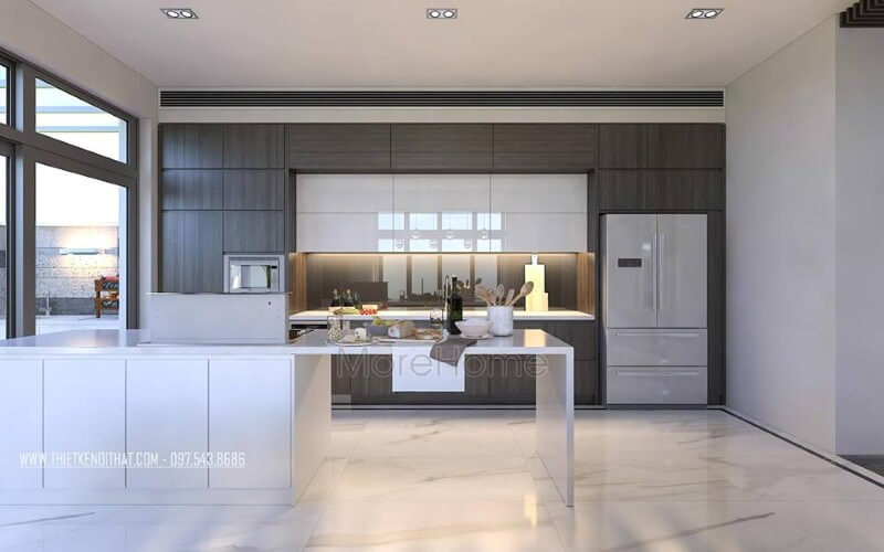 Tủ bếp đẹp, sang trọng từ gỗ công nghiệp An Cường cùng đá ốp nhân tạo cao cấp đã tạo nên vẻ đẹp hiện đại, độc đáo cho phòng bếp. Thiết kế nội thất