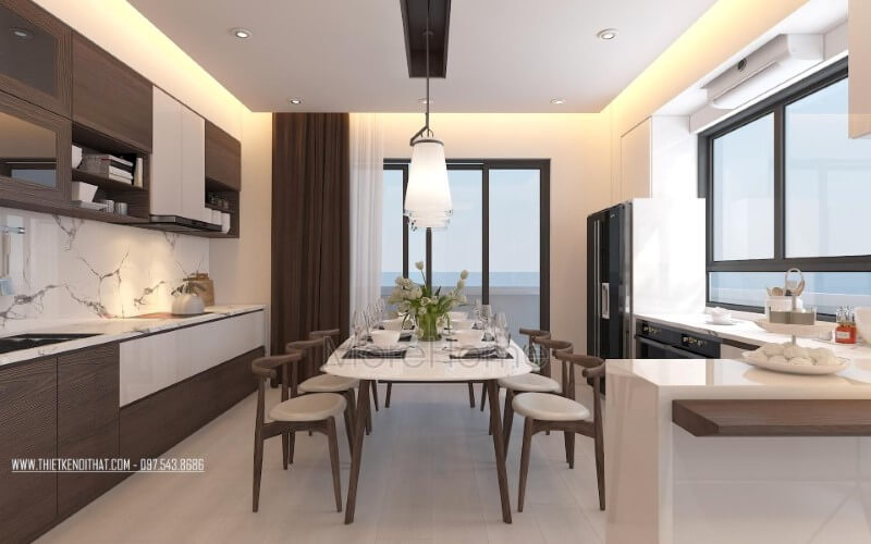 Trang trí nội thất phòng bếp ăn hiện đại sang trọng, độc đáo với điểm nhấn gỗ óc chó từ tủ bếp, bộ bàn ăn,bàn đảo bếp. Thiết kế nội thất