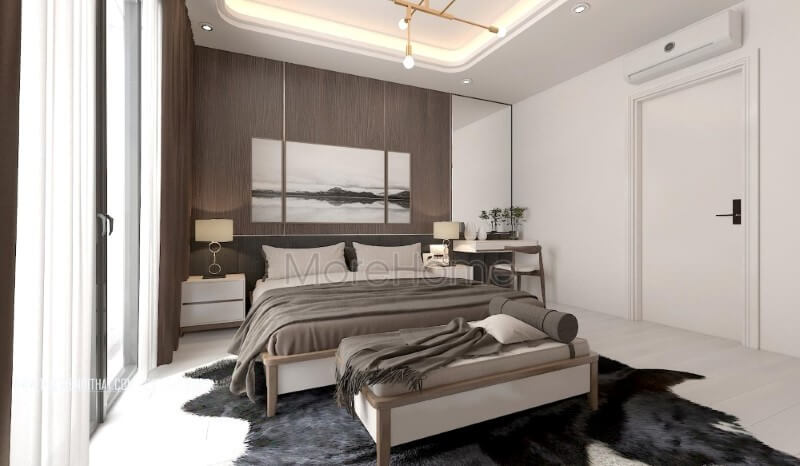 Thiết kế nội thất phòng ngủ hiện đại ấn tượng với chất liệu gỗ óc chó sang trọng từ gỗ ốp tường, giường ngủ gỗ, đôn sofa,.. Thiết kế nội thất