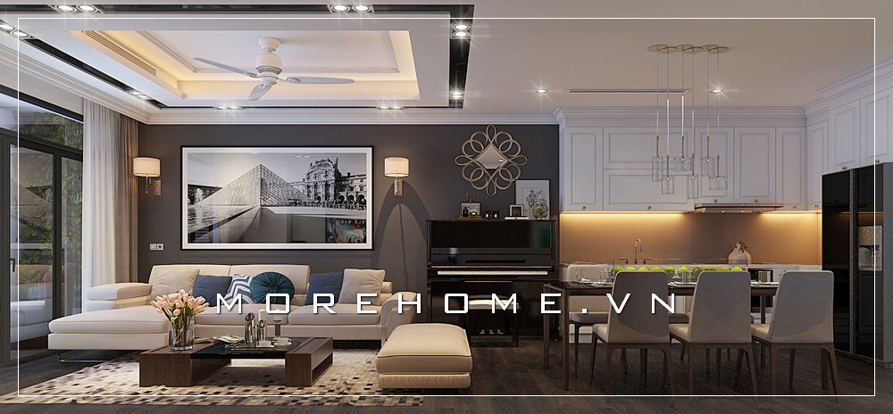 Với phòng khách căn hộ chung cư lựa chọn sofa góc phong cách thiết kế hiện đại và sắc trắng tinh tế là lựa chọn hoàn hảo. Thiết kế nội thất