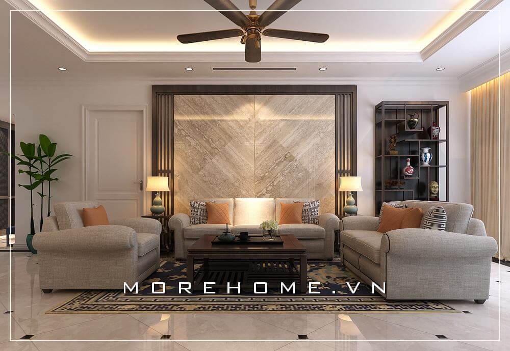 Vẻ đẹp sang trọng lại ấm cúng gần gũi của bộ sofa bọc vải thiết kế kiểu văng hiện đại là trung tâm ấn tượng của nội thất phòng khách căn hộ chung cư. Thiết kế nội thất