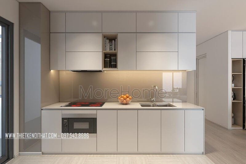 Mẫu tủ bếp kiểu dáng chữ i gỗ công nghiệp màu trắng kết hợp phân chia các ngăn tủ một cách hợp lí, tạo cho người nội trợ thuận tiện hơn trong quá trình mang lại những bữa cơm ngon miệng cho những người thân yêu của mình Tủ bếp hiện đại,tủ bếp đẹp hiện đại, tủ bếp An Cường