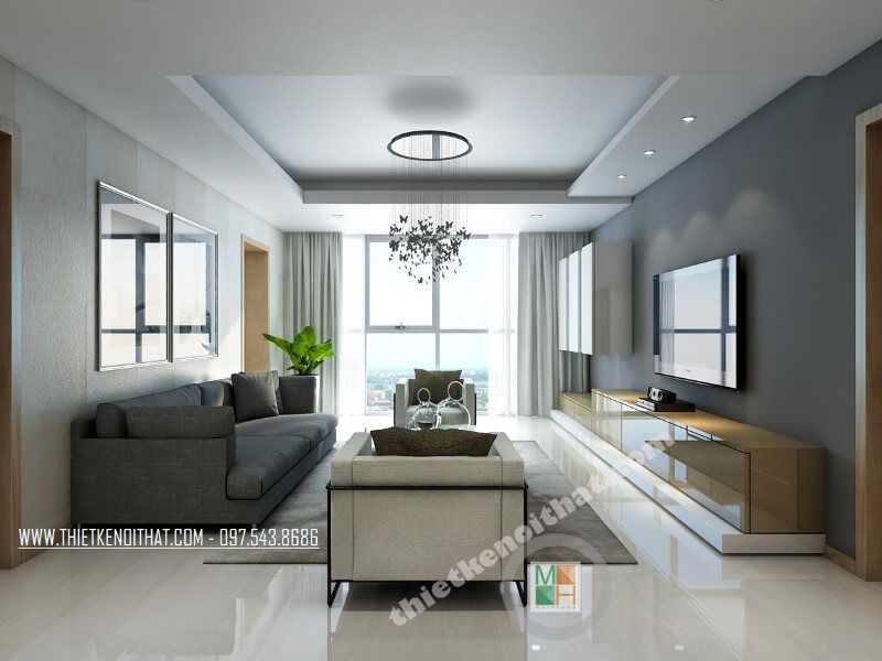 Mẫu thiết kế nội thất chung cư tiện nghi với bộ sofa vải hiện đại tạo điểm nhấn nổi bật cho căn phòng. Thiết kế chung cư hiện đại