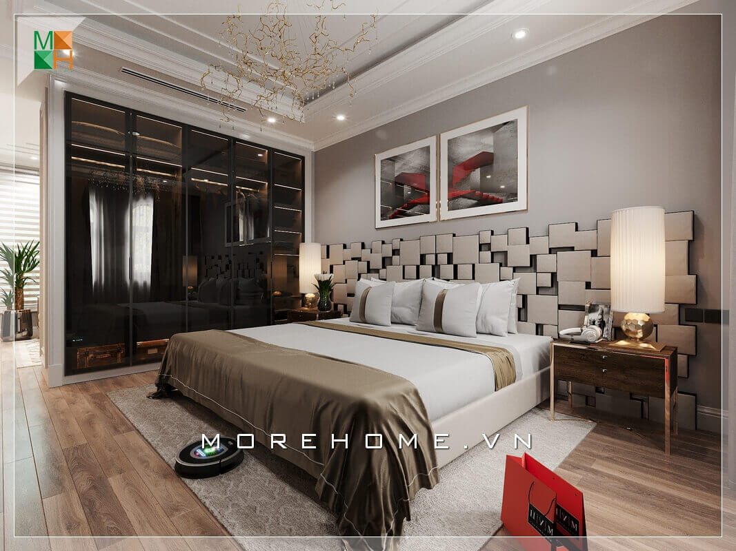 Hai bức tranh canvas họa tiết nghệ thuật được treo đầu giường làm sáng cả căn phòng ngủ chung cư hiện đại. Thiết kế chung cư hiện đại