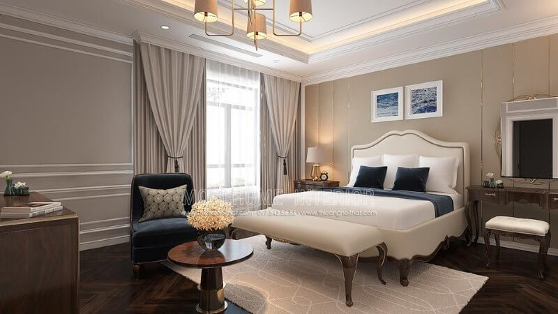 Thiết kế nội thất phòng ngủ tân cổ điển đẹp, sang trọng nổi bật với sắc trắng điểm nhấn từ bộ đôn, giường bọc nệm gỗ óc chó tự nhiên. Thiết kế nội thất biệt thự