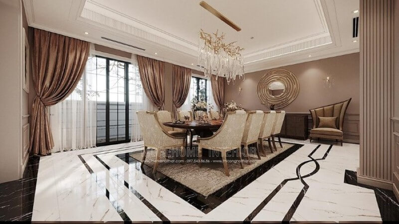 Bộ bàn ăn 10 người đẹp, sang trọng với hoa văn trang trí đẹp mắt tạo điểm nhấn ấn tượng cho không gian đương đại. Thiết kế nội thất phòng ăn biệt thự