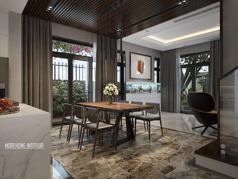 Bố trí phòng ăn hiện đại, sang trọng với sự phá cách trong vật liệu trang trí từ đá lát sàn, gỗ ốp tường hay bàn gỗ óc chó nguyên tấm. Thiết kế nội thất phòng ăn biệt thự