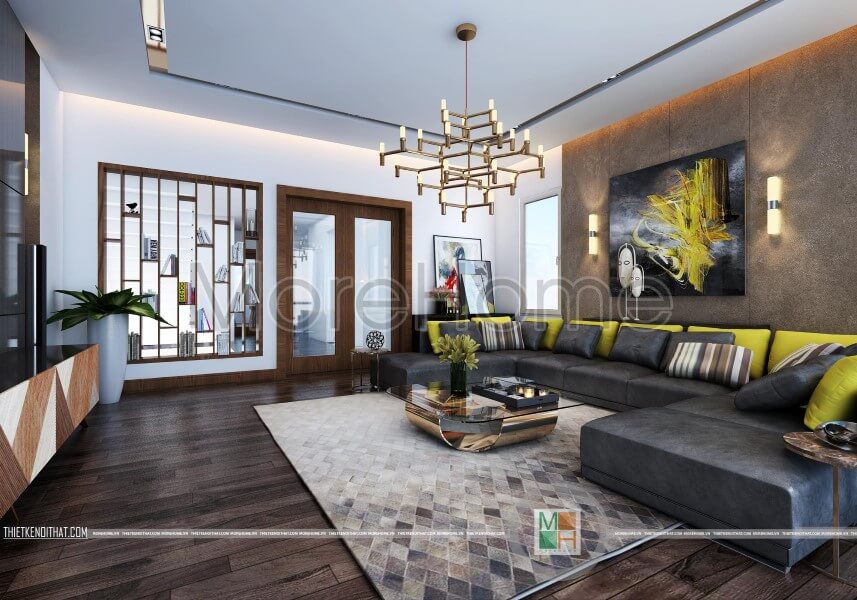 Mẫu sofa hiện đại bọc da với gam màu xám cho phòng khách giảm bớt được lượng ánh sáng từ ngoài, giúp chung hòa được không gian trong phòng