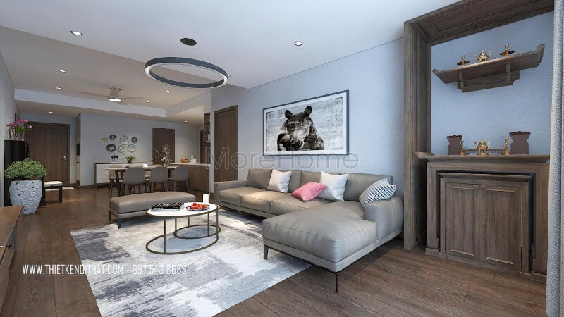 Thiết kế bộ sofa chữ L, chất liệu da màu xám lông chuột làm điểm nhấn cho không gian phòng khách mang đến sự đẳng cấp nhất định cho không gian này.