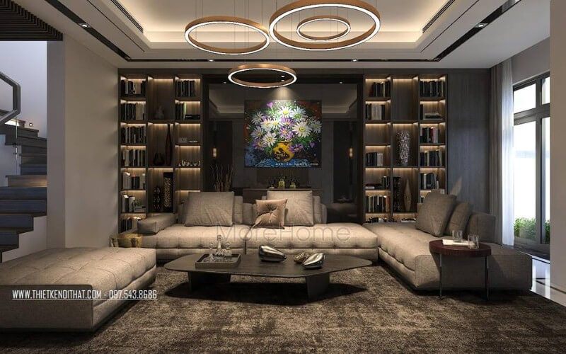 Ấn tượng với bộ sofa lớn thiết kế theo phong cách hiện đại được bọc da nâu cao cấp giữa phòng khách biệt thự, nhà phố.