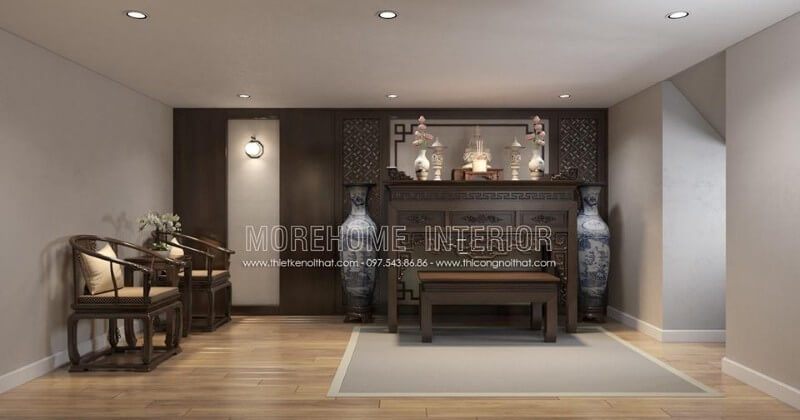 Nội thất phòng thờ được bố trí một cách hợp lí, hài hòa, tone màu nâu trầm kết hợp từng đường nét chạm khắc tạo sự sang trọng, mang đậm lối phong cách thờ cúng tổ tiên của người Việt ta