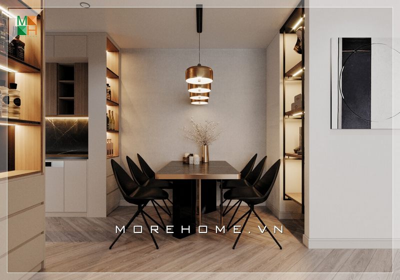Tâm điểm của thiết kế nội thất phòng ăn căn hộ diện tích nhỏ là mẫu bàn ghế hiện đại cho 6 người cùng với hệ thống tủ để đồ âm tường tiện lợi