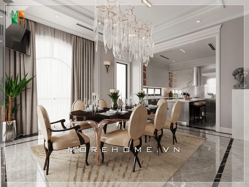 Thiết kế nội thất phòng bếp và phòng ăn đẹp theo phòng cách tân cổ điển cho biệt thự, nhà phố, chung cư cao cấp.