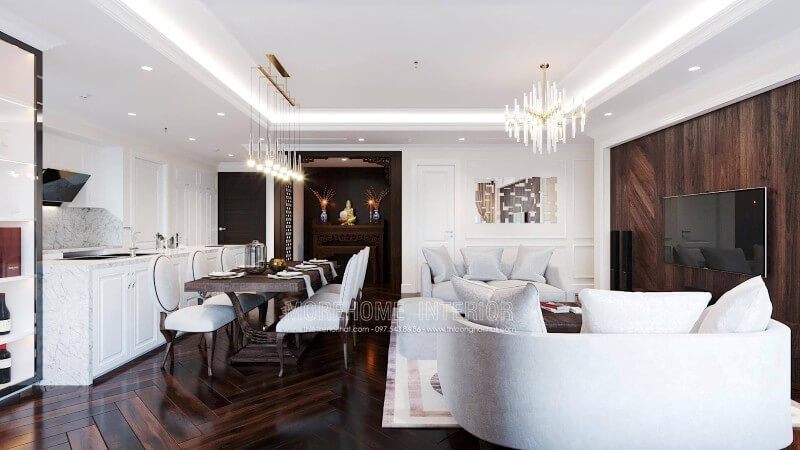 Mẫu thiết kế nội thất phòng khách chung cư tân cổ điển với gỗ óc chó sang trọng