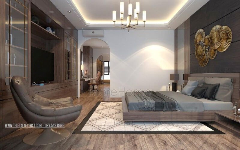 Vẫn lựa chọn tone màu nâu trầm cùng chất liệu gỗ công nghiệp như không gian khác, nội thất phòng ngủ chung cư mang đến sự đồng bộ, sang trọng và không bị rối mắt
