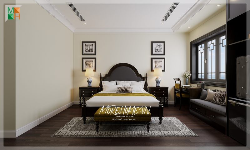 Gợi ý mẫu thiết kế phòng ngủ sang trọng với nội thất gỗ tự nhiên được phủ sơn đen theo phong cách Indochine huyền bí