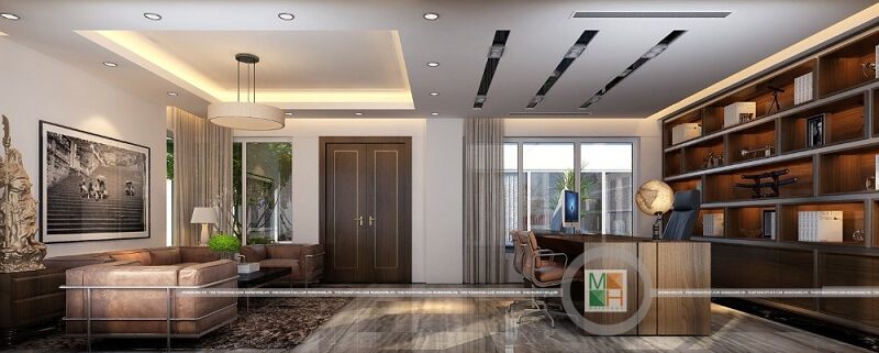 Thiết kế nội thất phòng làm việc hiện đại với sự kết hợp hài hòa của đồ nội thất mang đến một không gian làm việc lí tưởng