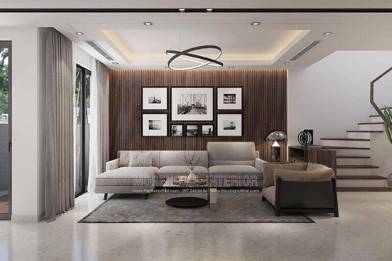 Mẫu gỗ ốp tường phòng khách đẹp, sang trọng cho phòng khách hiện đại.