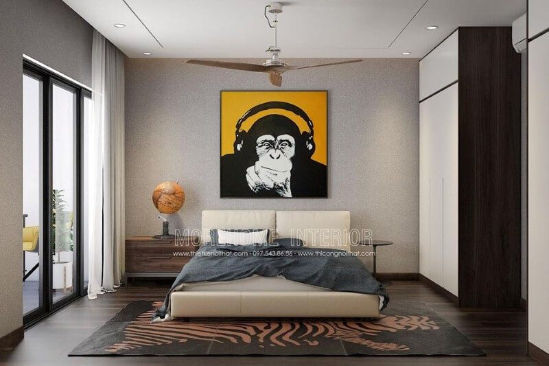 Sắp xếp phòng ngủ hiện đại đẹp với tranh canvas treo tường cùng quả địa cầu độc đáo.
