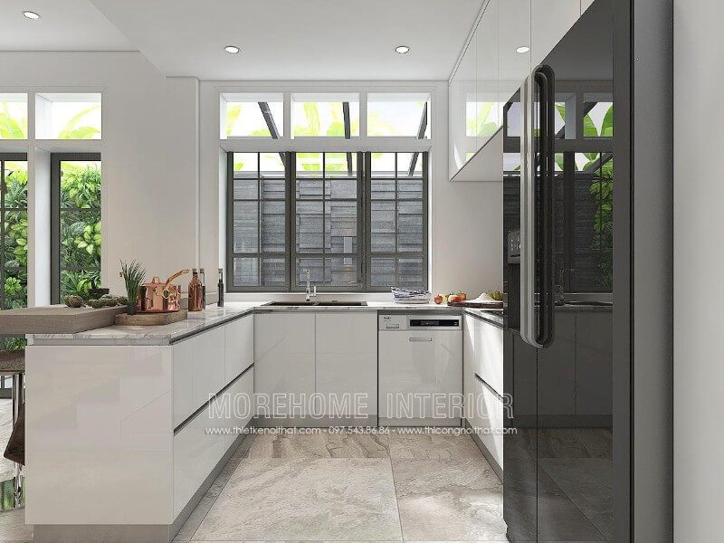 Tủ bếp cao cấp được sử dụng chất liệu Acrylic phủ bóng gương tạo chiều sâu cho không gian phòng kết hợp sáng tự nhiên kết và tone màu trắng chủ đạo giúp không gian trở nên vô cùng thu hút, hiện đại hơn.