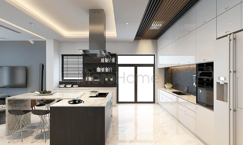 Mẫu tủ bếp chữ i gỗ Acrylic hiện đại, liền kề là chiếc bàn đảo tích hợp công năng là bàn ăn phụ tạo tiện nghi cho chủ nhân ngôi nhà