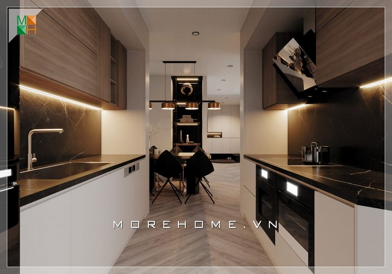 Tách biệt riêng khu nấu nướng được bố trí bàn ghế ăn nhỏ vừa thuận tiện lại sử dụng kính đá cùng tone thống nhất