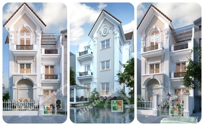 Kiến trúc nhà biệt thự tân cổ điển mái thái 3 tầng được thiết kế đẹp cao cấp tại Vinhomes Riverside Sài Đồng, Hà Nội.