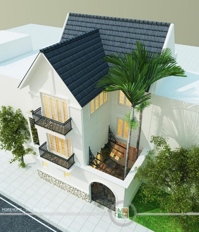Kiến trúc biệt thự 3 tầng theo phong cách hiện đại của Việt Hưng được thiết kế với mái thái đẹp tại Hà Nội.
