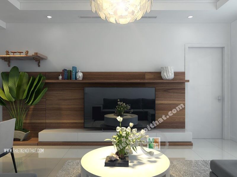 Kệ gỗ được thiết kế với tấm ép veneer tông màu trầm để tạo ra sự chú ý và cộng thêm tính công năng cho không gian.