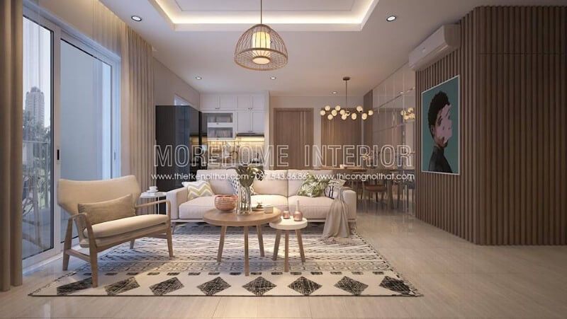 Không gian phòng khách với đồ nội thất cần thiết thiết kế hiện đại ấn tượng được phân cách bởi tấm thảm trải sàn họa tiết lạ mắt, mang đến sự thu hút đặc biệt