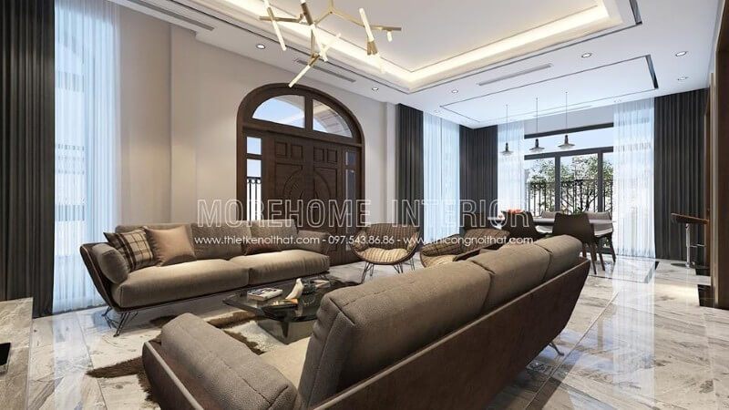 Thiết kế nội thất phòng khách hiện đại, tối giản đi những đường nét chi tiết mà tập trung vào công năng sử dụng, mang lại không gian tiếp khách trẻ trung, năng động mà sang trọng