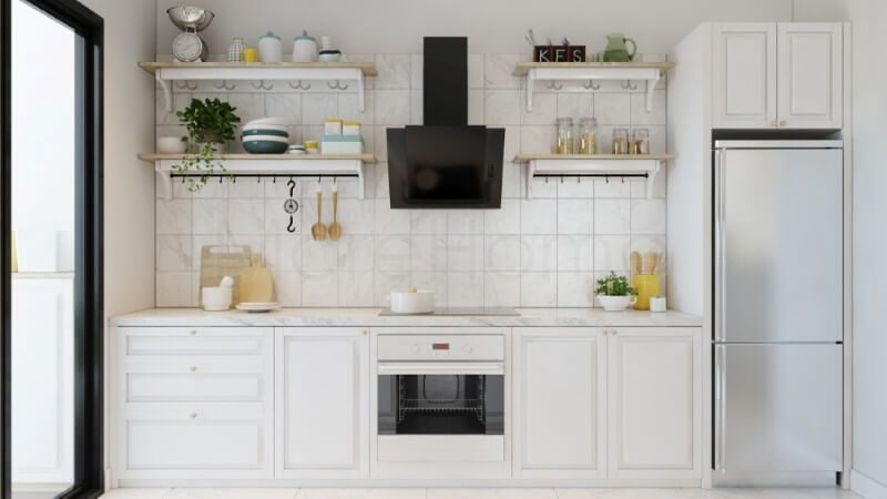 Nội thất phòng bếp đơn giản, với thiết kế thanh ngang là chủ đề chính giúp không gian nội thất trở nên sang trọng và tiện nghi.