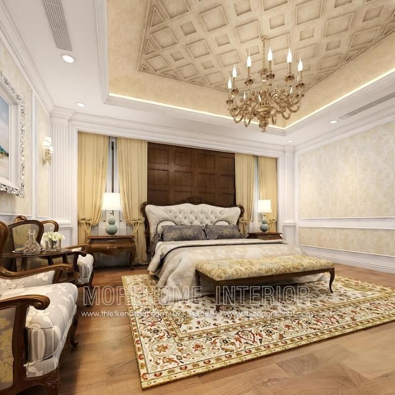 Phòng ngủ biệt thự đẳng cấp được trang trí nội thất bằng giường ngủ tân cổ điển được làm bằng gỗ óc chó cao cấp.